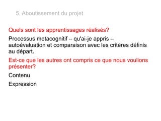 Quels sont les apprentissages réalisés? Processus metacognitif – qu'ai-je appris – autoévaluation et comparaison avec les critères définis au départ. Est-ce que les autres ont compris ce que nous voulions présenter? Contenu Expression 5. Aboutissement du projet 