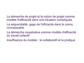 La démarche de projet et la notion de projet comme modèle d'efficacité dans une situation compliquée La séquentialité, gage de l'efficacité dans le connu connaissable La démarche coopérative comme modèle d'efficacité du travail collectif Insuffisance du modèle : le collaboratif et la pratique 