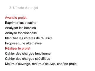 3. L'étude du projet Avant le projet Exprimer les besoins Analyser les besoins Analyse fonctionnelle Identifier les critères de réussite Proposer une alternative Réaliser le projet Cahier des charges fonctionnel Cahier des charges spécifique Maître d'ouvrage, maître d'oeuvre, chef de projet 