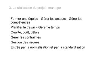 Former une équipe - Gérer les acteurs - Gérer les compétences Planifier le travail - Gérer le temps Qualité, coût, délais  Gérer les contraintes Gestion des risques Entrée par la normalisation et par la standardisation  3. La réalisation du projet : manager 