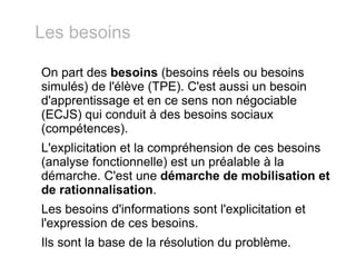 On part des  besoins  (besoins réels ou besoins simulés) de l'élève (TPE). C'est aussi un besoin d'apprentissage et en ce sens non négociable (ECJS) qui conduit à des besoins sociaux (compétences). L'explicitation et la compréhension de ces besoins (analyse fonctionnelle) est un préalable à la démarche. C'est une  démarche de mobilisation et de rationnalisation . Les besoins d'informations sont l'explicitation et l'expression de ces besoins. Ils sont la base de la résolution du problème. Les besoins 