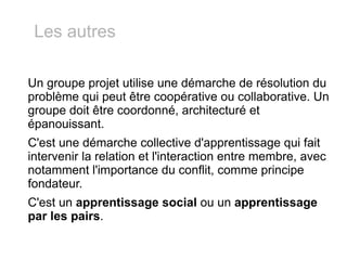 Un groupe projet utilise une démarche de résolution du problème qui peut être coopérative ou collaborative. Un groupe doit être coordonné, architecturé et épanouissant. C'est une démarche collective d'apprentissage qui fait intervenir la relation et l'interaction entre membre, avec notamment l'importance du conflit, comme principe fondateur.  C'est un  apprentissage social  ou un  apprentissage par les pairs . Les autres 