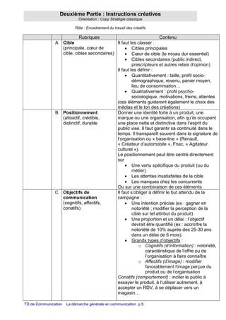 TD de Communication La démarche générale en communication p 5
Deuxième Partie : Instructions créatives
Orientation : Copy Stratégie classique
Rôle : Encadrement du travail des créatifs
Rubriques Contenu
A Cible
(principale, cœur de
cible, cibles secondaires)
Il faut les classer :
• Cibles principales
• Cœur de cible (le noyau dur essentiel)
• Cibles secondaires (public indirect,
prescripteurs et autres relais d’opinion)
Il faut les définir :
• Quantitativement : taille, profil socio-
démographique, revenu, panier moyen,
lieu de consommation…
• Qualitativement : profil psycho-
sociologique, motivations, freins, attentes
(ces éléments guideront également le choix des
médias et le ton des créations)
B Positionnement
(attractif, crédible,
distinctif, durable
Donner une identité forte à un produit, une
marque ou une organisation, afin qu’ils occupent
une place nette et distinctive dans l’esprit du
public visé. Il faut garantir sa continuité dans le
temps. Il transparaît souvent dans la signature de
l’organisation ou « base-line » (Renault,
« Créateur d’automobile », Fnac, « Agitateur
culturel »).
Le positionnement peut être centré directement
sur
• Une vertu spécifique du produit (ou du
métier)
• Les attentes insatisfaites de la cible
• Les manques chez les concurrents
Ou sur une combinaison de ces éléments
C Objectifs de
communication
(cognitifs, affectifs,
conatifs)
Il faut s’obliger à définir le but attendu de la
campagne :
• Une intention précise (ex : gagner en
notoriété ; modifier la perception de la
cible sur tel attribut du produit)
• Une proportion et un délai : l’objectif
devrait être quantifié (ex : accroître la
notoriété de 10% auprès des 25-30 ans
dans un délai de 6 mois).
• Grands types d’objectifs :
o Cognitifs (d’information) : notoriété,
caractéristique de l’offre ou de
l’organisation à faire connaître
o Affectifs (d’image) : modifier
favorablement l’image perçue du
produit ou de l’organisation
Conatifs (comportement) : inciter le public à
essayer le produit, à l’utiliser autrement, à
accepter un RDV, à se déplacer vers un
magasin…
 