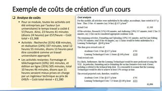 Exemple de coûts de création d’un cours
 Analyse de coûts
 Pour ce module, toutes les activités ont
été entreprises par l'auteur (un
universitaire) le temps travail a coûté £
57/heure. Ainsi, 23 heures 41 minutes
(disons 24 heures) par £57/heure – Coût
total = £1,368
 Activités : Recherche (31%) 438 minutes,
et réalisation (24%) 337 minutes, total 12
heures 55 minutes, disons 13 heures peut
être considéré comme un travail
universitaire approprié.
 Les activités restantes: Formatage et
téléchargement (10%) 141 minutes, et
édition en ligne (35%) 505 minutes, total
10 heures 46 minutes, disons que 11
heures seraient mieux prises en charge
par un ingénieur technique au prix de
£49/h – Coût total révisé = £1,280
 
