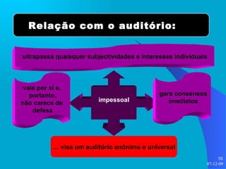 Relação com o auditório: impessoal gera consensos imediatos vale por si e,  portanto, não carece de  defesa ultrapassa quaisquer subjectividades e interesses individuais …  visa um auditório anónimo e universal 