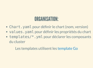 ORGANISATION:ORGANISATION:
Chart.yaml pour dé nir le chart (nom, version)
values.yaml pour dé nir les propriétés du chart
...