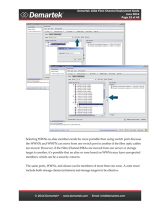 Demartek 16Gb Fibre Channel Deployment Guide
June 2014
Page 15 of 46
© 2014 Demartek®  www.demartek.com  Email: info@demartek.com
Selecting WWNs as alias members tends be more portable than using switch ports because
the WWNN and WWPN can move from one switch port to another if the fiber optic cables
are moved. However, if the Fibre Channel HBAs are moved from one server or storage
target to another, it’s possible that an alias or zone based on WWNs may have unexpected
members, which can be a security concern.
The same ports, WWNs, and aliases can be members of more than one zone. A zone must
include both storage clients (initiators) and storage targets to be effective.
 
