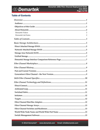 Demartek 16Gb Fibre Channel Deployment Guide
June 2014
Page 3 of 46
© 2014 Demartek®  www.demartek.com  Email: info@demartek.com
Table of Contents
Overview ................................................................................................................................ 1
Audience ............................................................................................................................................1
Objectives of this Guide .................................................................................................................1
About Demartek ...............................................................................................................................2
Demartek Videos 2
Demartek Lab Notes 2
Table of Contents .................................................................................................................. 3
Basic Storage Architectures.................................................................................................5
Direct Attached Storage (DAS)......................................................................................................5
Network Attached Storage (NAS) .................................................................................................5
Storage Area Network (SAN).........................................................................................................5
Unified Storage.................................................................................................................................7
Demartek Storage Interface Comparison Reference Page........................................................7
Fibre Channel Marketplace..................................................................................................8
Fibre Channel History .......................................................................................................... 8
Past and Current Versions ..............................................................................................................8
Generation 6 Fibre Channel – the Next Version.........................................................................9
16Gb Fibre Channel Specifics ............................................................................................ 10
Fibre Channel Technology and Definitions..................................................................... 11
Direct Connect.................................................................................................................................11
Arbitrated Loop...............................................................................................................................11
Switched Fabric...............................................................................................................................11
Initiators...........................................................................................................................................12
Targets ..............................................................................................................................................12
Fibre Channel Host Bus Adapters...............................................................................................12
Fibre Channel Storage Arrays......................................................................................................13
Fibre Channel Switches and Backbones....................................................................................13
World Wide Node Name and World Wide Port Name ...........................................................13
Switch Management Software.....................................................................................................13
 