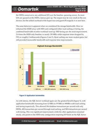 Lenovo S3200 with a Mixed Application Workload
January 2016
Page 8 of 22
© 2016 Demartek®  www.demartek.com  Email: info@demartek.com
the HDDs cannot serve any additional I/O over the baseline, queueing occurs. As more
I/Os are queued on the HDDs, latency goes up. The impact may be very small on the raw
devices, but the added overhead of the hypervisor and guest OS magnify it as seen here.
The same behavior is apparent when we considered the storage bandwidth. Once we
enhanced the S3200 array with SSDs and configured either read caching or tiering, the
combined bandwidth of entire workload went up. SSD tiering saw the most improvement,
2.4 times the HDD-only baseline, to nearly 130 MB/s while response times dropped by
70% to roughly 2 milliseconds (Figures 2 and 3). Read caching saw more modest gains, but
still provided measurable bandwidth and response time improvements.
As with latency, the SQL Server workload again saw the greatest benefit (Figure 5), with
application bandwidth increasing from 12 MB/s to 39 MB/s to 88MB/s with read caching
and tiering respectively. This allowed 196 database transactions per second with only
HDDs, 409 transactions per second through read caching, and 900 transactions per second
with tiering. This very significant improvement, while the other applications remained
steady, also points to the HDD-only configuration imposing I/O limits on the SQL Server
Figure 5- Application bandwidths
 