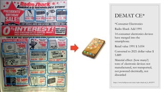 DEMAT CE*
*Consumer Electronics
Radio Shack Add 1991
14 consumer electronics devices
have merged into the
smartphone.
Retail value 1991 $ 3.054
Converted to 2021 dollar value $
5.889
Material effect: (how many?)
tons of electronic devices not
manufactured, not transported,
not powered electrically, not
discarded
https://www.huffpost.com/entry/radio-shack-ad_b_4612973
 