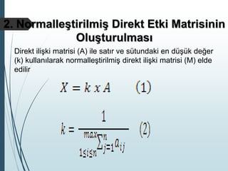 2. Normalleştirilmiş Direkt Etki Matrisinin
Oluşturulması
Direkt ilişki matrisi (A) ile satır ve sütundaki en düşük değer
(k) kullanılarak normalleştirilmiş direkt ilişki matrisi (M) elde
edilir
 