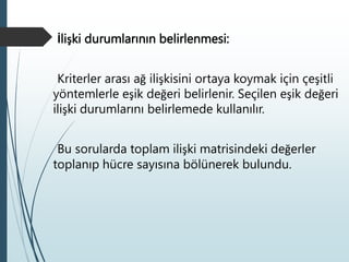 İlişki durumlarının belirlenmesi:
Kriterler arası ağ ilişkisini ortaya koymak için çeşitli
yöntemlerle eşik değeri belirlenir. Seçilen eşik değeri
ilişki durumlarını belirlemede kullanılır.
Bu sorularda toplam ilişki matrisindeki değerler
toplanıp hücre sayısına bölünerek bulundu.
 