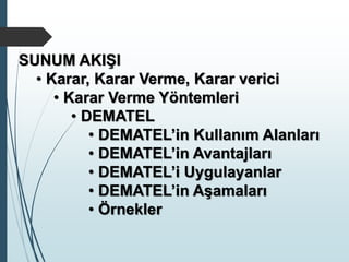 SUNUM AKIŞI
• Karar, Karar Verme, Karar verici
• Karar Verme Yöntemleri
• DEMATEL
• DEMATEL’in Kullanım Alanları
• DEMATEL’in Avantajları
• DEMATEL’i Uygulayanlar
• DEMATEL’in Aşamaları
• Örnekler
 