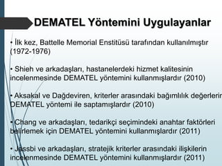 DEMATEL Yöntemini Uygulayanlar
• İlk kez, Battelle Memorial Enstitüsü tarafından kullanılmıştır
(1972-1976)
• Shieh ve arkadaşları, hastanelerdeki hizmet kalitesinin
incelenmesinde DEMATEL yöntemini kullanmışlardır (2010)
• Aksakal ve Dağdeviren, kriterler arasındaki bağımlılık değerlerin
DEMATEL yöntemi ile saptamışlardır (2010)
• Chang ve arkadaşları, tedarikçi seçimindeki anahtar faktörleri
belirlemek için DEMATEL yöntemini kullanmışlardır (2011)
• Jassbi ve arkadaşları, stratejik kriterler arasındaki ilişkilerin
incelenmesinde DEMATEL yöntemini kullanmışlardır (2011)
 