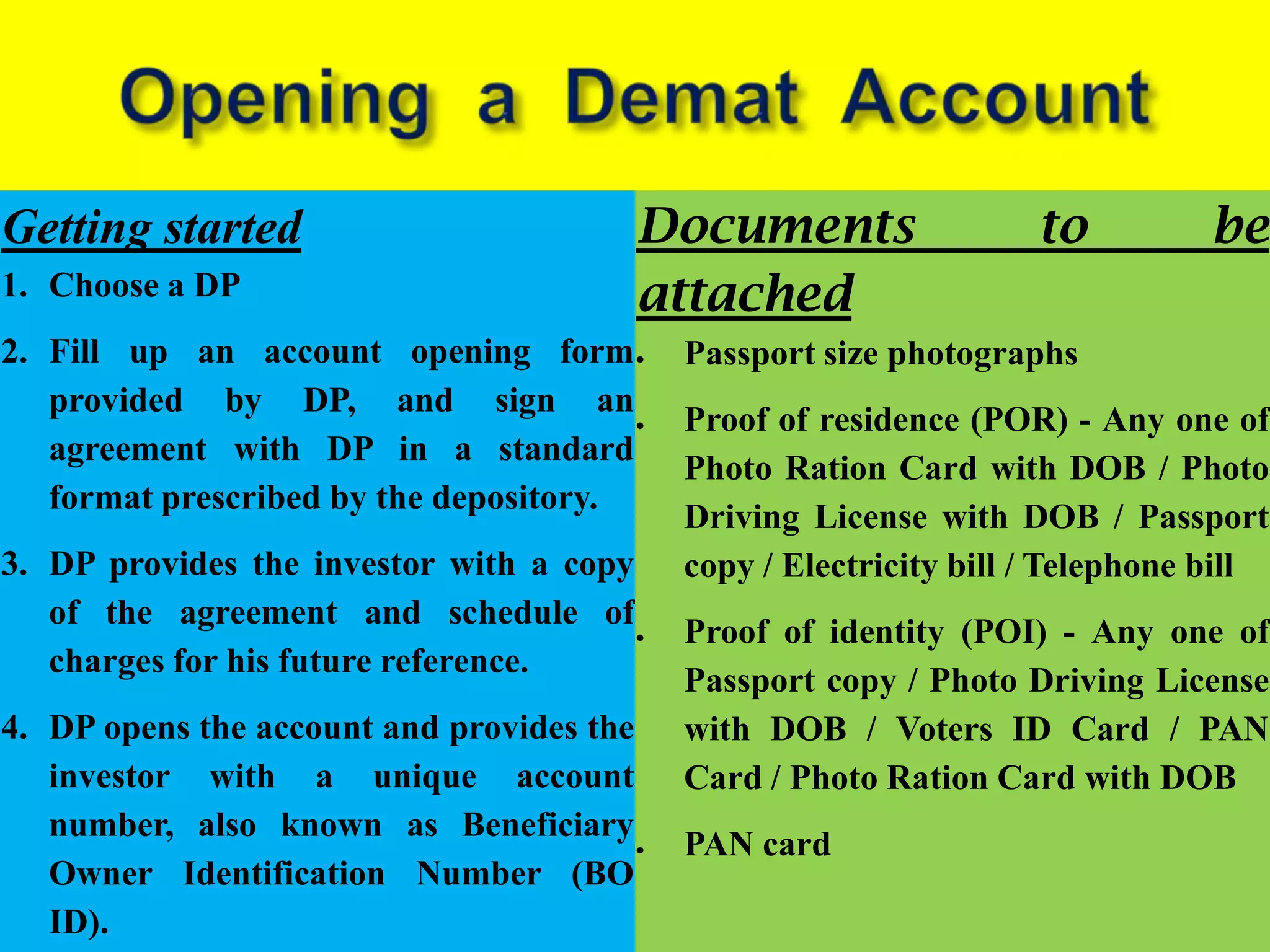 Getting started                            Documents                to         be
1. Choose a DP                             attached
2. Fill up an account opening form          Passport size photographs
   provided by DP, and sign an
                                            Proof of residence (POR) - Any one of
   agreement with DP in a standard
                                            Photo Ration Card with DOB / Photo
   format prescribed by the depository.
                                            Driving License with DOB / Passport
3. DP provides the investor with a copy     copy / Electricity bill / Telephone bill
   of the agreement and schedule of
                                            Proof of identity (POI) - Any one of
   charges for his future reference.
                                            Passport copy / Photo Driving License
4. DP opens the account and provides the    with DOB / Voters ID Card / PAN
   investor with a unique account           Card / Photo Ration Card with DOB
   number, also known as Beneficiary
                                            PAN card
   Owner Identification Number (BO
   ID).
 