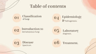 01
03
Table of contents
02
Classification
04
Dematiaceous fungi.
06
Introduction to
Laboratory
diagnosis.
05
Epidemiology
& Pathogenesis.
of fungi.
Disease
Spectrum.
Treatment.
 
