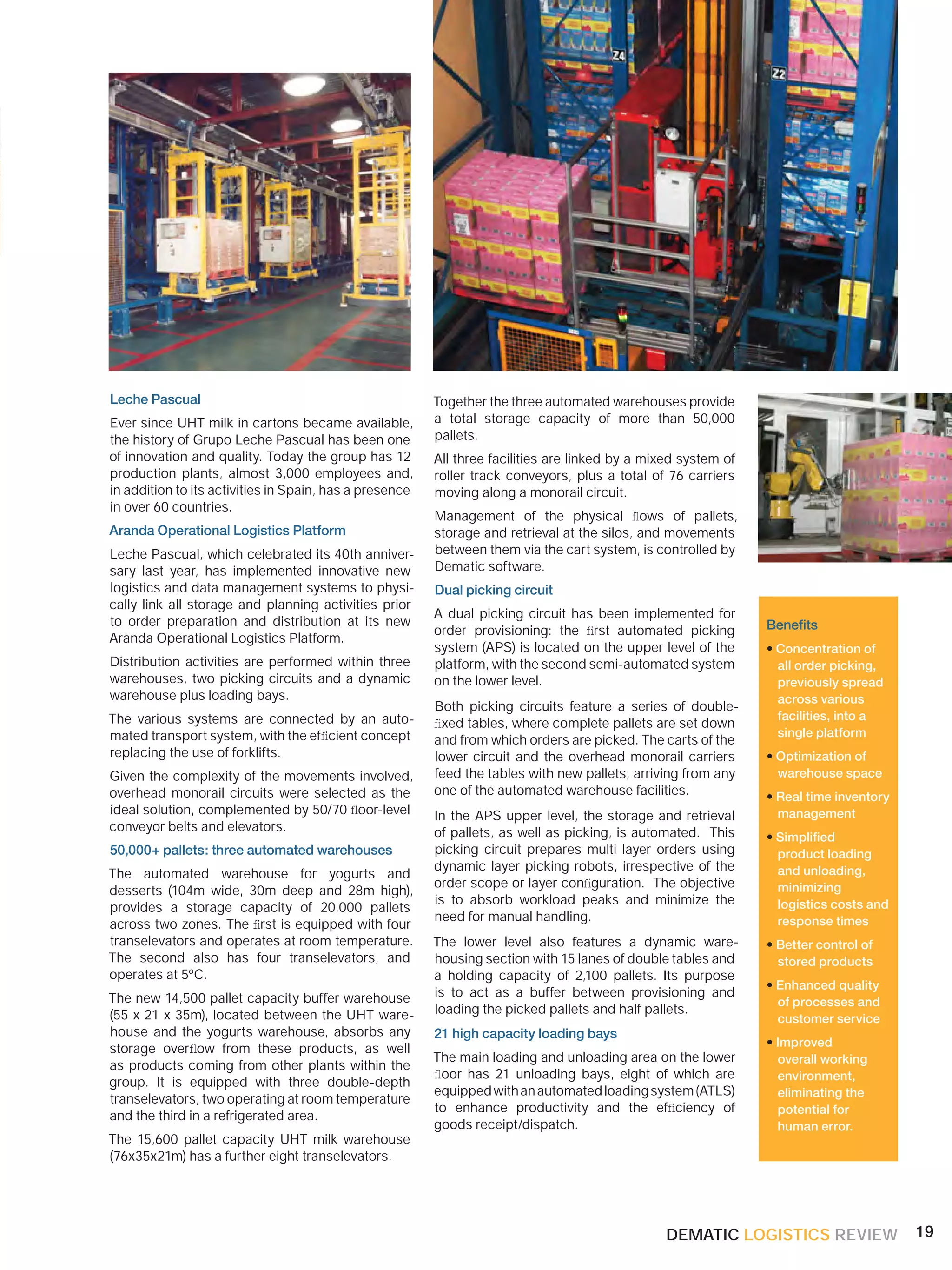 Leche Pascual                                            Together the three automated warehouses provide
Ever since UHT milk in cartons became available,         a total storage capacity of more than 50,000
the history of Grupo Leche Pascual has been one          pallets.
of innovation and quality. Today the group has 12        All three facilities are linked by a mixed system of
production plants, almost 3,000 employees and,           roller track conveyors, plus a total of 76 carriers
in addition to its activities in Spain, has a presence   moving along a monorail circuit.
in over 60 countries.
                                                         Management of the physical ﬂows of pallets,
Aranda Operational Logistics Platform                    storage and retrieval at the silos, and movements
Leche Pascual, which celebrated its 40th anniver-        between them via the cart system, is controlled by
sary last year, has implemented innovative new           Dematic software.
logistics and data management systems to physi-          Dual picking circuit
cally link all storage and planning activities prior
                                                         A dual picking circuit has been implemented for
to order preparation and distribution at its new                                                                Beneﬁts
                                                         order provisioning: the ﬁrst automated picking
Aranda Operational Logistics Platform.
                                                         system (APS) is located on the upper level of the      • Concentration of
Distribution activities are performed within three       platform, with the second semi-automated system          all order picking,
warehouses, two picking circuits and a dynamic           on the lower level.                                      previously spread
warehouse plus loading bays.                                                                                      across various
                                                         Both picking circuits feature a series of double-
The various systems are connected by an auto-            ﬁxed tables, where complete pallets are set down
                                                                                                                  facilities, into a
mated transport system, with the efﬁcient concept        and from which orders are picked. The carts of the
                                                                                                                  single platform
replacing the use of forklifts.                          lower circuit and the overhead monorail carriers       • Optimization of
Given the complexity of the movements involved,          feed the tables with new pallets, arriving from any      warehouse space
overhead monorail circuits were selected as the          one of the automated warehouse facilities.             • Real time inventory
ideal solution, complemented by 50/70 ﬂoor-level         In the APS upper level, the storage and retrieval        management
conveyor belts and elevators.                            of pallets, as well as picking, is automated. This     • Simpliﬁed
50,000+ pallets: three automated warehouses              picking circuit prepares multi layer orders using        product loading
                                                         dynamic layer picking robots, irrespective of the
The automated warehouse for yogurts and                                                                           and unloading,
                                                         order scope or layer conﬁguration. The objective
desserts (104m wide, 30m deep and 28m high),                                                                      minimizing
                                                         is to absorb workload peaks and minimize the
provides a storage capacity of 20,000 pallets                                                                     logistics costs and
                                                         need for manual handling.
across two zones. The ﬁrst is equipped with four                                                                  response times
transelevators and operates at room temperature.         The lower level also features a dynamic ware-          • Better control of
The second also has four transelevators, and             housing section with 15 lanes of double tables and       stored products
operates at 5ºC.                                         a holding capacity of 2,100 pallets. Its purpose
                                                                                                                • Enhanced quality
The new 14,500 pallet capacity buffer warehouse          is to act as a buffer between provisioning and
                                                                                                                  of processes and
(55 x 21 x 35m), located between the UHT ware-           loading the picked pallets and half pallets.
                                                                                                                  customer service
house and the yogurts warehouse, absorbs any             21 high capacity loading bays
storage overﬂow from these products, as well                                                                    • Improved
                                                         The main loading and unloading area on the lower         overall working
as products coming from other plants within the
                                                         ﬂoor has 21 unloading bays, eight of which are           environment,
group. It is equipped with three double-depth
                                                         equipped with an automated loading system (ATLS)         eliminating the
transelevators, two operating at room temperature
                                                         to enhance productivity and the efﬁciency of             potential for
and the third in a refrigerated area.
                                                         goods receipt/dispatch.                                  human error.
The 15,600 pallet capacity UHT milk warehouse
(76x35x21m) has a further eight transelevators.




                                                                                                 DEMATIC LOGISTICS REVIEW               19
 