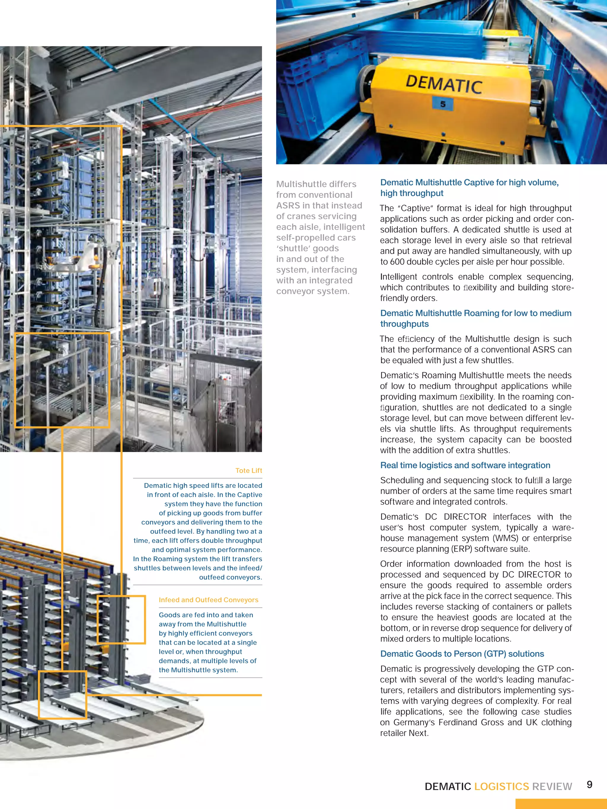 Multishuttle differs      Dematic Multishuttle Captive for high volume,
                                              from conventional         high throughput
                                              ASRS in that instead      The “Captive” format is ideal for high throughput
                                              of cranes servicing       applications such as order picking and order con-
                                              each aisle, intelligent   solidation buffers. A dedicated shuttle is used at
                                              self-propelled cars       each storage level in every aisle so that retrieval
                                              ‘shuttle’ goods           and put away are handled simultaneously, with up
                                              in and out of the         to 600 double cycles per aisle per hour possible.
                                              system, interfacing
                                              with an integrated        Intelligent controls enable complex sequencing,
                                              conveyor system.          which contributes to ﬂexibility and building store-
                                                                        friendly orders.
                                                                        Dematic Multishuttle Roaming for low to medium
                                                                        throughputs
                                                                        The efﬁciency of the Multishuttle design is such
                                                                        that the performance of a conventional ASRS can
                                                                        be equaled with just a few shuttles.
                                                                        Dematic’s Roaming Multishuttle meets the needs
                                                                        of low to medium throughput applications while
                                                                        providing maximum ﬂexibility. In the roaming con-
                                                                        ﬁguration, shuttles are not dedicated to a single
                                                                        storage level, but can move between different lev-
                                                                        els via shuttle lifts. As throughput requirements
                                                                        increase, the system capacity can be boosted
                                                                        with the addition of extra shuttles.
                                                                        Real time logistics and software integration
                                  Tote Lift
                                                                        Scheduling and sequencing stock to fulﬁll a large
    Dematic high speed lifts are located
     in front of each aisle. In the Captive                             number of orders at the same time requires smart
            system they have the function                               software and integrated controls.
          of picking up goods from buffer
                                                                        Dematic’s DC DIRECTOR interfaces with the
   conveyors and delivering them to the
      outfeed level. By handling two at a                               user’s host computer system, typically a ware-
time, each lift offers double throughput                                house management system (WMS) or enterprise
       and optimal system performance.                                  resource planning (ERP) software suite.
In the Roaming system the lift transfers
shuttles between levels and the infeed/
                                                                        Order information downloaded from the host is
                      outfeed conveyors.                                processed and sequenced by DC DIRECTOR to
                                                                        ensure the goods required to assemble orders
        Infeed and Outfeed Conveyors
                                                                        arrive at the pick face in the correct sequence. This
                                                                        includes reverse stacking of containers or pallets
        Goods are fed into and taken                                    to ensure the heaviest goods are located at the
        away from the Multishuttle
                                                                        bottom, or in reverse drop sequence for delivery of
        by highly efficient conveyors
        that can be located at a single                                 mixed orders to multiple locations.
        level or, when throughput                                       Dematic Goods to Person (GTP) solutions
        demands, at multiple levels of
        the Multishuttle system.                                        Dematic is progressively developing the GTP con-
                                                                        cept with several of the world’s leading manufac-
                                                                        turers, retailers and distributors implementing sys-
                                                                        tems with varying degrees of complexity. For real
                                                                        life applications, see the following case studies
                                                                        on Germany’s Ferdinand Gross and UK clothing
                                                                        retailer Next.




                                                                                    DEMATIC LOGISTICS REVIEW                    9
 