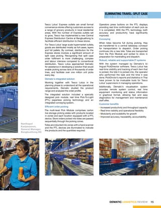 ElimiNaTiNg TRaVEl: SPliT CaSE
                                                                                 let the orders do the movinG

                   Tesco Lotus’ Express outlets are small format         Operators press buttons on the PTL displays,
                   convenience stores offering customers access to       providing real time confirmation of each pick as
                   a range of grocery products in local residential      it is completed. With the PTL technology, both
                   areas. With the number of Express outlets set         accuracy and productivity have significantly
                   to grow, Tesco has implemented a new Central          improved.
                   Express Distribution Centre at Bangbuathong to        Conveying
                   facilitate efficient distribution to these stores.
                                                                         When totes become full during picking, they
                   For Tesco Lotus’ large scale hypermarket outlets,     are transferred to a central takeaway conveyor
                   goods are distributed mostly as full cases, layers    for transportation to dispatch. Order picking
                   and full pallets. By contrast, distribution for the   continues into a new tote. Totes are transported
                   Express stores involves a significant amount of       from the Pick Module and sorted to store in
                   split case picking. Recognising that split case       preparation for marshalling and dispatch.
                   order fulfilment is more challenging, complex
                   and labour intensive compared to conventional         Robust, reliable and supportable IT systems
                   distribution, Tesco Lotus approached Dematic          With the system managed by Dematic’s bi-
                   for assistance in developing a solution that would    lingual PickDirector software, Tesco Lotus has
                   enable picking across tens of thousands of order      real-time visibility and tracking of each item that
                   lines, and facilitate over one million unit picks     is picked, the tote it is picked into, the operator
                   every day.                                            who performed the task and the time it was
                                                                         done. PickDirctor’s reports and statistics in Thai
                   Dematic’s integrated solution
                                                                         have proven to be invaluable tools for Tesco
                   Working together with Tesco Lotus in the              Lotus’ supervisors in managing operations.
                   planning phase to understand all the operational
                                                                         Additionally, Dematic’s visualisation system
                   requirements, Dematic studied the product
                                                                         provides remote system control, real time
                   range and analysed the order profile.
                                                                         equipment monitoring and status information
                   The integrated solution included a specially          in graphical format, allowing fast and easy
                   designed pick module, real time Pick-To-Light         diagnostics for management and maintenance
                   (PTL) paperless picking technology and an             staff alike.
                   integrated conveying system.
                                                                         Customer benefits
                   Efficient order picking                               • Increased productivity and throughput capacity
                   The multi-level Pick Module comprises carton          • Real time visibility and operational flexibility
                   live storage picking aisles with products located     • Modularity and scalability for growth
                   in zones and each location equipped with a PTL        • Improved accuracy, traceability, accountability.
                   device. Store orders picked into totes are passed
                   sequentially through the picking zones.
nanthapol
                   Totes are inducted into zones with a hand scanner
kanjanazoon,
                   and the PTL devices are illuminated to indicate
general manager,
                   the products and the quantities required.
bangbuathong dc




                                                                                   DEMATIC LOGISTICS REVIEW                    15
 