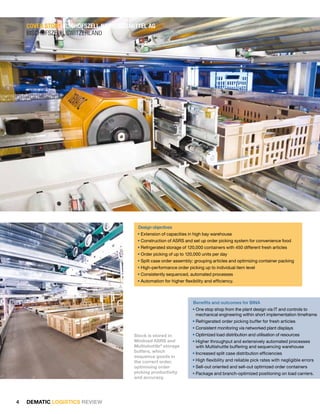 COVER STORY BiSChOfSzEll NahRuNgSmiTTEl ag
    Bischofszell, switzerland




                                        Design objectives
                                        • Extension of capacities in high bay warehouse
                                        • Construction of ASRS and set up order picking system for convenience food
                                        • Refrigerated storage of 120,000 containers with 450 different fresh articles
                                        • Order picking of up to 120,000 units per day
                                        • Split case order assembly: grouping articles and optimizing container packing
                                        • High-performance order picking up to individual item level
                                        • Consistently sequenced, automated processes
                                        • Automation for higher flexibility and efficiency.



                                                                     Benefits and outcomes for BINA
                                                                     • One stop shop from the plant design via IT and controls to
                                                                       mechanical engineering within short implementation timeframe
                                                                     • Refrigerated order picking buffer for fresh articles
                                                                     • Consistent monitoring via networked plant displays
                                       Stock is stored in            • Optimized load distribution and utilisation of resources
                                       Miniload ASRS and             • Higher throughput and extensively automated processes
                                       Multishuttle® storage           with Multishuttle buffering and sequencing warehouse
                                       buffers, which                • Increased split case distribution efficiencies
                                       sequence goods in
                                       the correct order,            • High flexibility and reliable pick rates with negligible errors
                                       optimising order              • Sell-out oriented and sell-out optimized order containers
                                       picking productivity          • Package and branch-optimized positioning on load carriers.
                                       and accuracy.




4   DEMATIC LOGISTICS REVIEW
 