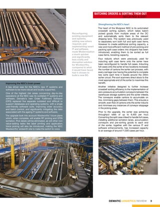 BaTChiNg ORdERS & SORTiNg ThEm OuT
                                                                                                     Batch PicK & sort

                                                                                      Strengthening the NDC’s heart
                                                                                      The heart of the Mulgrave NDC is its automated
                                                                                      crossbelt sorting system, which takes batch-
                                                                Reconfiguring         picked goods from multiple areas of the DC
                                                                existing equipment    and automatically sorts them to the relevant
                                                                and systems,          shipping lane. The system was previously used
                                                                adding new where      to separately sort both full and split case items.
                                                                required, and         However to create additional sorting capacity, a
                                                                implementing smart    new and more efficient method of pre-picking and
                                                                IT and software,      packing split case orders into shippers has been
                                                                made Modernisation    introduced, enabling them to be sorted as full
                                                                a much quicker        case items, boosting capacity.
                                                                and significantly
                                                                less costly and       Four inducts which were previously used for
                                                                disruptive solution   inducting split case items onto the sorter have
                                                                for Woolworths,       been reconfigured to handle full cases. Inducting
                                                                compared to what      full cases onto the sorter at two locations increases
                                                                it would have faced   the number of cartons the sorter can process, with
                                                                had it chosen to      every carriage now having the potential to complete
                                                                build a new DC.       two sorts each time it travels around the 240m
                                                                                      sorter circuit. Pre-sort scanners direct stock to the
                                                                                      most appropriate end of the sorter to maximise this
Improving the NDC’s brain power                                                       benefit.
A key driver was for the NDC’s new IT systems and                                     Another initiative designed to further increase
software to be more robust and locally supported.                                     crossbelt sorting efficiency is the implementation of
                                                                                      zero-pressure accumulation conveyors between the
One of the highest risk areas concerning day-to-day
                                                                                      warehouse storage systems and the sorter infeeds.
operations at the NDC was its outdated IT systems and
                                                                                      The conveyors enable cartons to accumulate on
software. Dematic’s new Order Fulfilment Software
                                                                                      line, minimising gaps between them. This ensures a
(OFS) replaced five separate outdated and difficult to
                                                                                      smooth, even flow of cartons onto the sorter inducts
support databases and operating systems, with a single
                                                                                      and minimises any instances of conveyor stoppage
user-friendly software suite, improving order accuracy
                                                                                      in the picking areas.
and batch control, and significantly mitigating the risks
associated with the ageing IT systems and software.                                   Prior to the upgrade, the sorter was achieving
The upgrade took into account Woolworths’ future plans                                throughput rates of up to 6,400 per hour.
which, when complete, will enable RF picking and GTIN                                 Converting the split case infeed to handle full cases,
sortation. Pick labels will be eliminated, as will other non-                         installing additional sortation lanes, accumulation
value-adding tasks like label printing and application.                               conveyors and pre-sorting goods to each end
Voice picking will also be introduced, making the NDC                                 of the sorter, together with the various IT and
Woolworths’ sixteenth site to make the switch to voice.                               software enhancements, has increased capacity
                                                                                      to an average of around 11,500 cases per hour.




                                                                                                 DEMATIC LOGISTICS REVIEW                      9
 