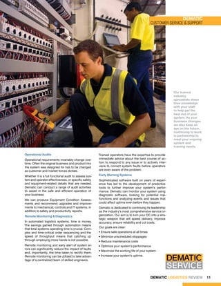 Dematic
                                                                                               CustomeR SERVICE & SUPPORT




                                                                                                              Our trained
                                                                                                              industry
                                                                                                              specialists share
                                                                                                              their knowledge
                                                                                                              with your staff
                                                                                                              to help get the
                                                                                                              best out of your
                                                                                                              system. As your
                                                                                                              business changes
                                                                                                              we also keep an
                                                                                                              eye on the future,
                                                                                                              continuing to work
                                                                                                              in partnership to
                                                                                                              meet your ongoing
                                                                                                              system and
                                                                                                              training needs.

Operational Audits                                     Trained operators have the expertise to provide
Operational requirements invariably change over        immediate advice about the best course of ac-
time. Often the original business and product mix      tion to respond to any issue or to actively inter-
the system was designed for has to be changed          vene to correct system faults before operators
as customer and market forces dictate.                 are even aware of the problem.

Whether it is a full functional audit to assess sys-   Early Warning Systems
tem and operator effectiveness, or specific safety     Sophisticated software built on years of experi-
and equipment-related details that are needed,         ence has led to the development of predictive
Dematic can conduct a range of audit activities        tools to further improve your system’s perfor-
to assist in the safe and efficient operation of       mance. Dematic can monitor your system using
your business.                                         diagnostic software, looking for potential mal-
We can produce Equipment Condition Assess-             functions and analyzing events and issues that
ments and recommend upgrades and improve-              could affect uptime even before they happen.
ments to mechanical, controls and IT systems, in       Dematic is dedicated to continuing its leadership
addition to safety and productivity reports.           as the industry’s most comprehensive service or-
Remote Monitoring & Diagnostics                        ganization. Our aim is to turn your DC into a stra-
                                                       tegic weapon that will speed delivery, improve
In automated logistics systems, time is money.         accuracy, ensure reliability and cut costs.
The savings gained through automation means
                                                       Our goals are clear:
that total systems operating time is crucial. Com-
plex and time-critical order sequencing and the        • Ensure safe operations at all times
speed of throughput means that catching up             • Minimize unscheduled stoppages
through employing more hands is not possible.          • Reduce maintenance costs
Remote monitoring and early alert of system er-        • Optimize your system’s performance
rors can significantly reduce the impact of faults
                                                       • Maximize the working life of your system
and, importantly, the time taken to rectify them.
Remote monitoring can be utilized to take advan-       • Increase your system’s uptime.
tage of a centralized team of skilled engineers.

                                                                                                             SERVICE
                                                                                               DEMATIC LOGISTICS REVIEW            11
 