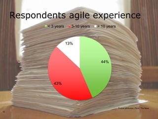 Respondents agile experience
             < 3 years     3-10 years   > 10 years



                         13%



                                         44%




                43%




                                                     Picture attribution, Flickr, The Bees
10
 