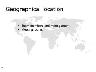 Geographical location

         • Team members and management
         • Meeting rooms




46
 