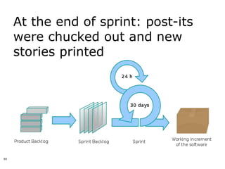 At the end of sprint: post-its
     were chucked out and new
     stories printed




63
 