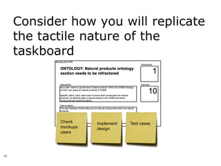 Consider how you will replicate
     the tactile nature of the
     taskboard




            Check     Implement   Test cases
            mockups   design
            users




73
 