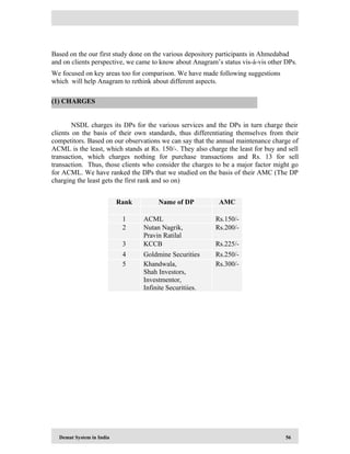 Demat System in India 56
Based on the our first study done on the various depository participants in Ahmedabad
and on clients perspective, we came to know about Anagram’s status vis-à-vis other DPs.
We focused on key areas too for comparison. We have made following suggestions
which will help Anagram to rethink about different aspects.
NSDL charges its DPs for the various services and the DPs in turn charge their
clients on the basis of their own standards, thus differentiating themselves from their
competitors. Based on our observations we can say that the annual maintenance charge of
ACML is the least, which stands at Rs. 150/-. They also charge the least for buy and sell
transaction, which charges nothing for purchase transactions and Rs. 13 for sell
transaction. Thus, those clients who consider the charges to be a major factor might go
for ACML. We have ranked the DPs that we studied on the basis of their AMC (The DP
charging the least gets the first rank and so on)
Rank Name of DP AMC
1 ACML Rs.150/-
2 Nutan Nagrik,
Pravin Ratilal
Rs.200/-
3 KCCB Rs.225/-
4 Goldmine Securities Rs.250/-
5 Khandwala,
Shah Investors,
Investmentor,
Infinite Securitiies.
Rs.300/-
(1) CHARGES
 