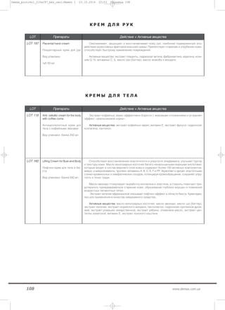 108 www.demax.com.ua
LLOOTT ППррееппааррааттыы ДДееййссттввииее ++ ААккттииввнныыее ввеещщеессттвваа
LLOOTT 119977 PPllaacceennttaall hhaanndd ccrreeaamm
Плацентарный крем для рук
Вид упаковки:
туб 50 мл
Омолаживает, защищает и восстанавливает кожу рук, наиболее подверженную воз-
действию агрессивных факторов внешней среды. Препятствует старению и огрубению кожи,
способствует быстрому заживлению повреждений.
Активные вещества: экстракт плаценты, гидрализат актина, фибронектина, кератина, коэн-
зим Q 10, витамины С, Е, масло Ши (баттер), масло жожоба и миндаля.
К Р Е М Ы Д Л Я Т Е Л А
К Р Е М Д Л Я Р У К
LLOOTT ППррееппааррааттыы ДДееййссттввииее ++ ААккттииввнныыее ввеещщеессттвваа
LLOOTT 111188 AAnnttii-- cceelllluulliittiicc ccrreeaamm ffoorr tthhee bbooddyy
wwiitthh ccooffffeeee ccoorrnnss
Антицеллюлитный крем для
тела с кофейными зернами
Вид упаковки: банка 250 мл
Экстракт кофейных зерен эффективно борется с жировыми отложениями и устраняет
эффект «апельсиновой корки».
ААккттииввнныыее ввеещщеессттвваа:: экстракт кофейных зерен, витамин E, экстракт фукуса, гидролизат
коллагена, пантенол.
LLOOTT 116600 LLiiffttiinngg CCrreeaamm ffoorr BBuusstt aanndd BBooddyy
Лифтинг-крем для тела и бю-
ста
Вид упаковки: банка 500 мл
Способствует восстановлению эластичности и упругости эпидермиса, улучшает тургор
и текстуру кожи. Масло виноградных косточек багато ненасыщеными жирными кислотами,
которые входят в состав верхнего слоя кожи и содержит более 100 активных компонентов,
микро- и макроэлементы, протеин, витамины A, B, C, E, F и РР. Укрепляет и делает эластичными
стенки кровеносных и лимфатических сосудов, потенцируя кровообращение, сохраняет упру-
гость и тонус груди.
Масло авокадо стимулирует выработку коллагена и эластина, а стеролы помогают пре-
дотвратить преждевременное старение кожи, образование глубоких морщин и появление
возрастных пигментных пятен.
Экстракт кигелии африканской оказывает лифтинг-эффект в области бюста. Крем идеа-
лен для применения в качестве ежедневного средства.
ААккттииввнныыее ввеещщеессттвваа:: масло виноградных косточек, масло авокадо, масло ши (баттер),
экстракт кигелии, экстракт индийского миндаля, пантолактон, гидролизат протеинов дрож-
жей, экстракт ромашки лекарственной, экстракт рябины, оливковое масло, экстракт цен-
теллы азиатской, витамин Е, экстракт конского каштана.
Demax_protokol_210x297_bez_ceni:Макет 1 23.10.2014 22:53 Страница 108
 