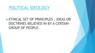 POLITICAL IDEOLOGY
ETHICAL SET OF PRINCIPLES , IDEAS OR
DOCTRINES BELIEVED IN BY A CERTAIN
GROUP OF PEOPLE.
 