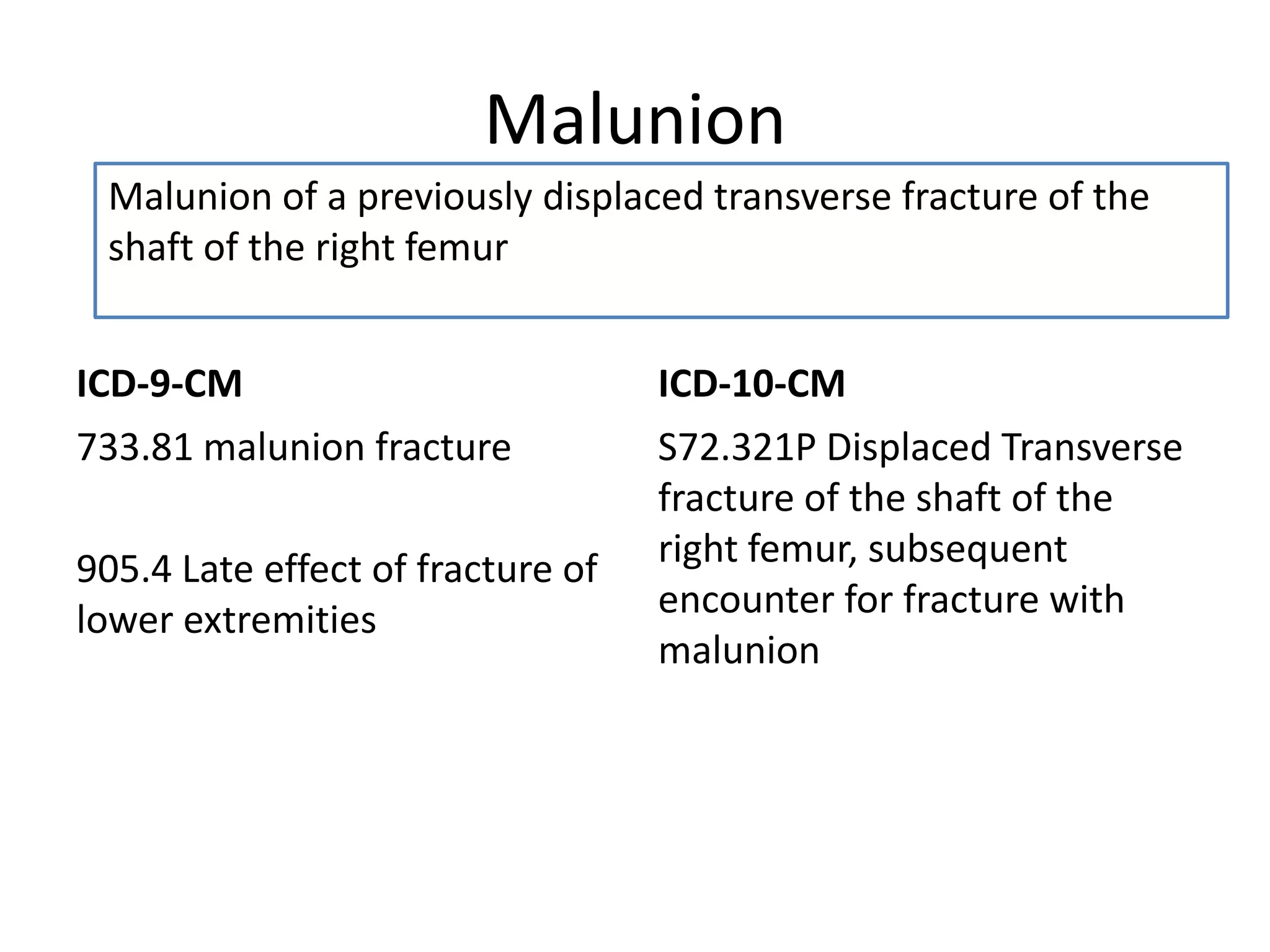 Malunion
 Malunion of a previously displaced transverse fracture of the
 shaft of the right femur


ICD-9-CM                           ICD-10-CM
733.81 malunion fracture           S72.321P Displaced Transverse
                                   fracture of the shaft of the
905.4 Late effect of fracture of   right femur, subsequent
lower extremities                  encounter for fracture with
                                   malunion
 