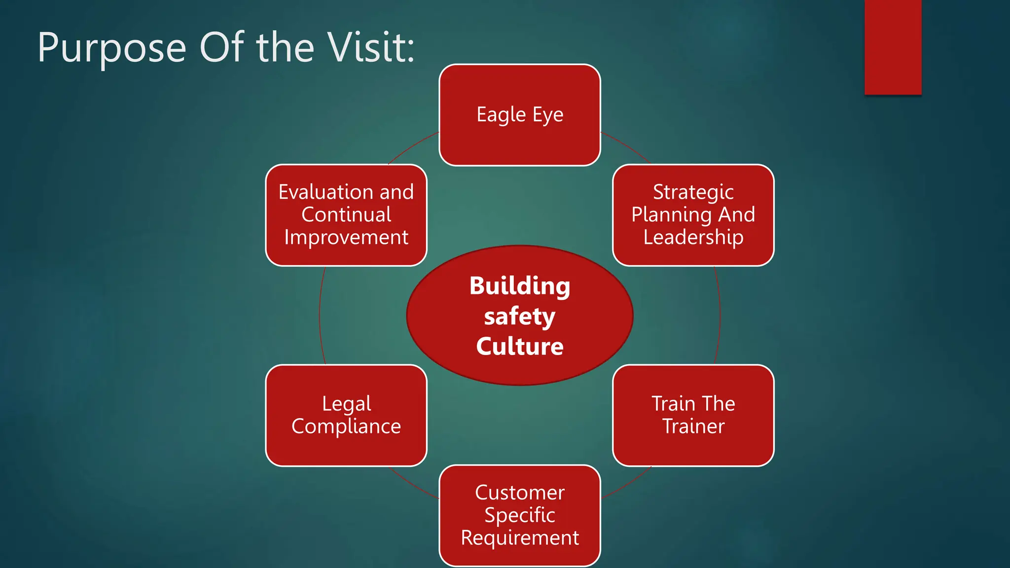 Purpose Of the Visit:
Eagle Eye
Strategic
Planning And
Leadership
Train The
Trainer
Customer
Specific
Requirement
Legal
Compliance
Evaluation and
Continual
Improvement
Building
safety
Culture
 