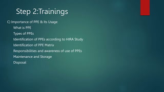 Step 2:Trainings
C) Importance of PPE & Its Usage
What is PPE
Types of PPEs
Identification of PPEs according to HIRA Study
Identification of PPE Matrix
Responsibilities and awareness of use of PPEs
Maintenance and Storage
Disposal
 