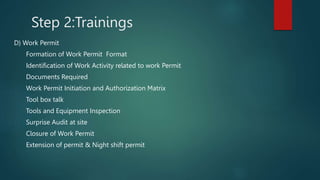 Step 2:Trainings
D) Work Permit
Formation of Work Permit Format
Identification of Work Activity related to work Permit
Documents Required
Work Permit Initiation and Authorization Matrix
Tool box talk
Tools and Equipment Inspection
Surprise Audit at site
Closure of Work Permit
Extension of permit & Night shift permit
 