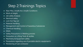 Step 2:Trainings Topics
 Near Miss, Unsafe Act, Unsafe Conditions
 Work at Height
 Job safety Analysis
 Electrical safety
 Lock Out Tag out
 Material Handling
 Management and Control of hazardous Substances
 Chemical Handling
 MSDS
 Safety Precautions in Welding process
 Precaution on Lifting Tools & tackles
 Machinery & Equipment safety
 Precautions regarding use of portable electric equipment's
 Monitoring of sub-contractor
 