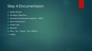 Step 4:Documentaion
 Safety Policies
 Strategic Objectives
 Standard Operating Procedures – SOP’s
 Work Instructions
 Check Lists
 Records
 Plan – Do – Check – Act ( PDCA )
 Audits
 