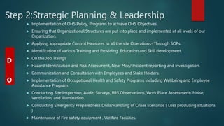 Step 2:Strategic Planning & Leadership
 Implementation of OHS Policy, Programs to achieve OHS Objectives.
 Ensuring that Organizational Structures are put into place and implemented at all levels of our
Organization.
 Applying appropriate Control Measures to all the site Operations- Through SOPs.
 Identification of various Training and Providing Education and Skill development.
 On the Job Traings
 Hazard Identification and Risk Assessment, Near Miss/ Incident reporting and investigation.
 Communication and Consultation with Employees and Stake Holders.
 Implementation of Occupational Health and Safety Programs including Wellbeing and Employee
Assistance Program.
 Conducting Site Inspection, Audit, Surveys, BBS Observations, Work Place Assessment- Noise,
Ventilation, and Illumination.
 Conducting Emergency Preparedness Drills/Handling of Crises scenarios ( Loss producing situations
)
 Maintenance of Fire safety equipment , Welfare Facilities.
D
O
 