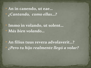 • An in canendo, ut eae…
• ¿Cantando, como ellas…?
• Immo in volando, ut solent…
• Más bien volando…
• An filius tuus revera advolaverit…?
• ¿Pero tu hijo realmente llegó a volar?
 