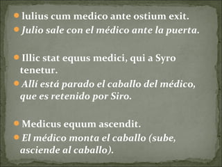 lulius cum medico ante ostium exit.
Julio sale con el médico ante la puerta.
Illic stat equus medici, qui a Syro
tenetur.
Allí está parado el caballo del médico,
que es retenido por Siro.
Medicus equum ascendit.
El médico monta el caballo (sube,
asciende al caballo).
 