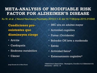 Condiciones pre-
existentes que
disminuyen riesgo
• Artritis
• Cardiopatía
• Síndrome metabólico
• Cáncer
• IMC alta en adultez mayor
• Actividad cognitiva
• Fumar (Occidente)
• Bebedor OH leve a moderado
• Estrés
• Actividad física*
• Entrenamiento cogintivo*
Jorge Ernesto de la Mata Flores
META-ANALYSIS OF MODIFIABLE RISK
FACTOR FOR ALZHEIMER’S DISEASE
Xu W, et al. J Neurol Neurosurg Psychiatry 2015;0:1–8. doi:10.1136/jnnp-2015-310548
*Alzheimer’s Association - Baumgarta, Carrillo et al: Alzheimer’s &
Dementia – (2015) 1-9
 