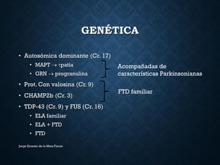 GENÉTICA
• Autosómica dominante (Cr. 17)
• MAPT  patía
• GRN  progranulina
• Prot. Con valosina (Cr. 9)
• CHAMP2b (Cr. 3)
• TDP-43 (Cr. 9) y FUS (Cr. 16)
• ELA familiar
• ELA + FTD
• FTD
Jorge Ernesto de la Mata Flores
Acompañadas de
características Parkinsonianas
FTD familiar
 