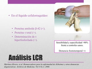 Análisis LCR
• En el líquido cefalorraquídeo:
• Proteína amiloide β-42 (˂).
• Proteína τ total (>).
• Determinación de τ
hiperfosforilada (>).
Sensibilidad y especificidad >90%
frente a controles sanos.
Demencia frontotemporal <τ
Martinez-Rivera, et al. Biomarcadores para la enfermedad de Alzheimer y otras demencias
degenerativas. Archivos de Medicina. Vol 4 No 3. 2008.
 