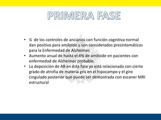 • ¼ de los controles de ancianos con función cognitiva normal
dan positivo para amiloide y son considerados presintomáticos
para la Enfermedad de Alzheimer.
• Aumento anual de hasta el 4% de amiloide en pacientes con
enfermedad de Alzheimer probable.
• La deposiciòn de AB en ésta fase ya está relacionada con cierto
grado de atrofia de materia gris en el hipocampo y el giro
cingulado posterior que puede ser demostrada con escaner MRI
estructural
 