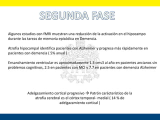 Algunos estudios con fMRI muestran una reducción de la activación en el hipocampo
durante las tareas de memoria episódica en Demencia.
Atrofia hipocampal identifica pacientes con Alzheimer y progresa más ràpidamente en
pacientes con demencia ( 5% anual )
Ensanchamiento ventricular es aproximadamente 1.3 cms3 al año en pacientes ancianos sin
problemas cognitivos, 2.5 en pacientes con MCI y 7.7 en pacientes con demencia Alzheimer
Adelgazamiento cortical progresivo  Patrón carácterístico de la
atrofia cerebral es el córtex temporal- medial ( 14 % de
adelgazamiento cortical )
 