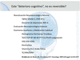 CasoClínico 1: AnamnesisDesdehace 2 años, nota problemas en su “memoria”.Dificultadparaencontrarpalabras de usorutinario en el serviciodiplomático, evidente en lasreunionesmensuales.Ocasionalmente, dificultadpararecordar el nombre de las personas quetrabajaron con ella; pero, luego de unosminutospuederecordar.En el ultimo año, ha incrementado el empleo de la agenda, y ademasdebe ser “asistida” pararecordarlascitasagendadas.Manejasusfinanzas, ordena los pagos de servicios y manejasu auto. Mantienevida social activa y es la secretaria AFDPR.