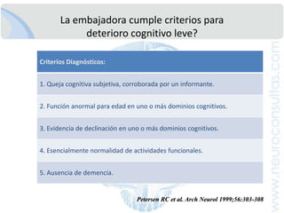 Este “deteriorocognitivo”, no esreversible?Reevaluación Neuropsicológica MínimaT@M, MMSE 2, PDR-M 2.Descarte de depresión: BDI-IIEvaluación Neuropsicológica ExtensaExamenes Auxiliares y Medicación habitualHemograma-Hormonas TiroideasTGO-TGP-BT-BD-BI-PT-A-G-Perfil coagulaciónVSG-VIH-VDRLElectrolitosVitamina B12-Acido FólicoTC/IRM/ERMModificado de DesaiAK, Grossberg GT. Neurology 2005;64(suppl 3):S34-S39 