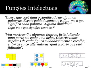 “Quero que você diga o significado de algumas
palavras. Escute cuidadosamente e diga-me o que
significa cada palavra. Alguma duvida? ”
Diga-me o que significa centavo ?”
“Vou mostrar-lhe algumas figuras. Está faltando
uma parte em cada uma delas. Observe todos
aspectos de cada figura cuidadosamente e escolha,
entre as cinco alternativas, qual a parte que está
faltando”.
 